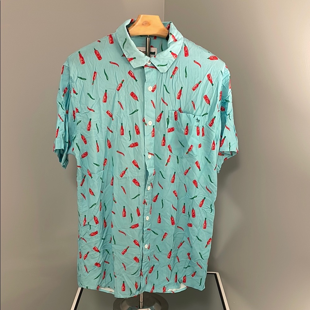 Tipsy Elves Aqua Shirt with Tabasco Sauce Bottle Pattern new large